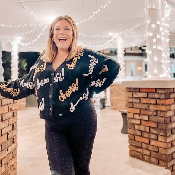 Cheers All Over Glitter Script Cardigan - Picture 1 of 9